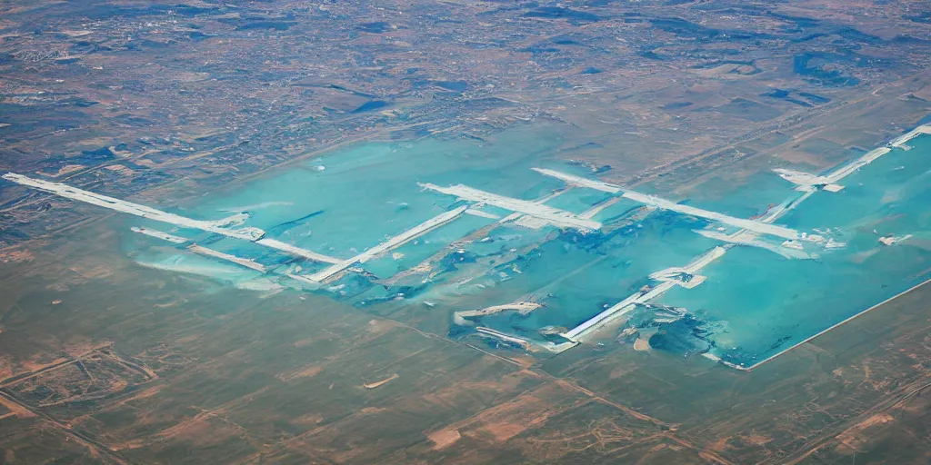 Image similar to aerial view of airport underwater. submerged airport. in the style of Caspar David Friedric. Aerial view