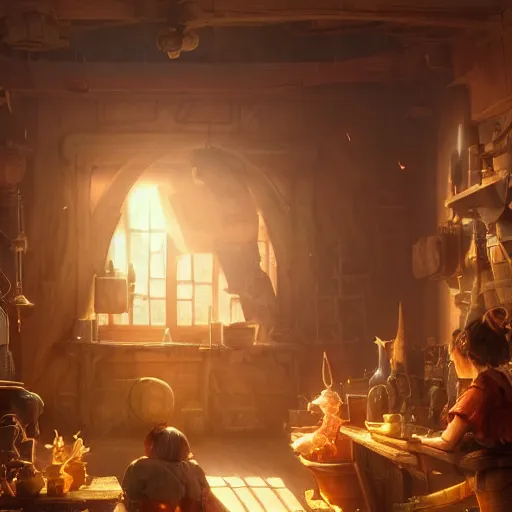 Image similar to A dusty toymaker’s workshop lit by a large glowing window, volumetric atmosphere with dramatic sunlight and shadows, hearthstone coloring style, artwork by greg rutkowski, epic fantasy style art, fantasy epic digital art, highly detailed, 8k resolution, hyperrealistic, Maya render.