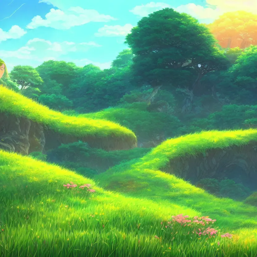 Prompt: a grassy landscape in the style of studio ghibli, beautiful lighting, vivid colors, intricate, elegant, smooth, sharp focus, highly detailed digital painting, concept art, cinematic, unreal engine, 4 k wallpaper, cgsociety, artstation trending, deviantart featured