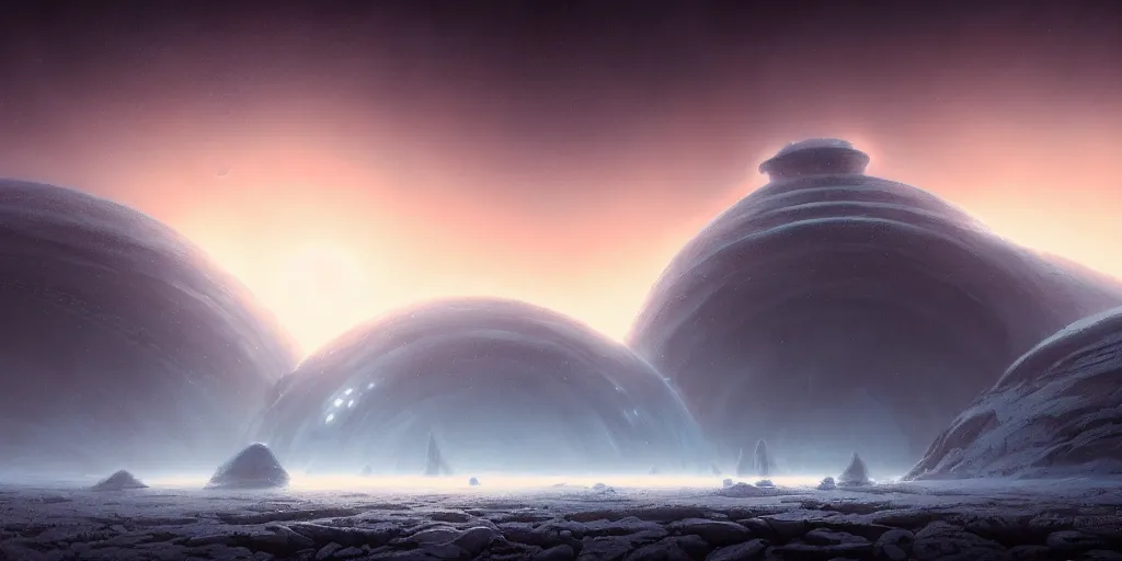 Image similar to strange surface of icy alien planet at sunset, misty, ultra high definition, ultra detailed, symmetry, sci - fi, dark fantasy, by greg rutkowski and ross tran