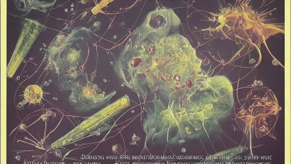 Image similar to a beautiful dreamy painting of coronaviruses, dark, sinister, detailed scientific epistemology contagion diagrams, retro science-fiction book cover