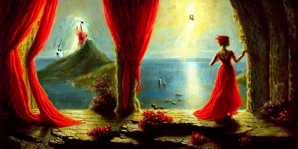 Prompt: an elegant fairy queen in a red lace dress dancing looking out at a lord of the rings scenery landscape, staring across the sea at a sail boat, sunrise, god's rays highly detailed, vivid colour, soft clouds, floral sunset, cinematic lighting, perfect composition, gustave dore, derek zabrocki, greg rutkowski, belsinski