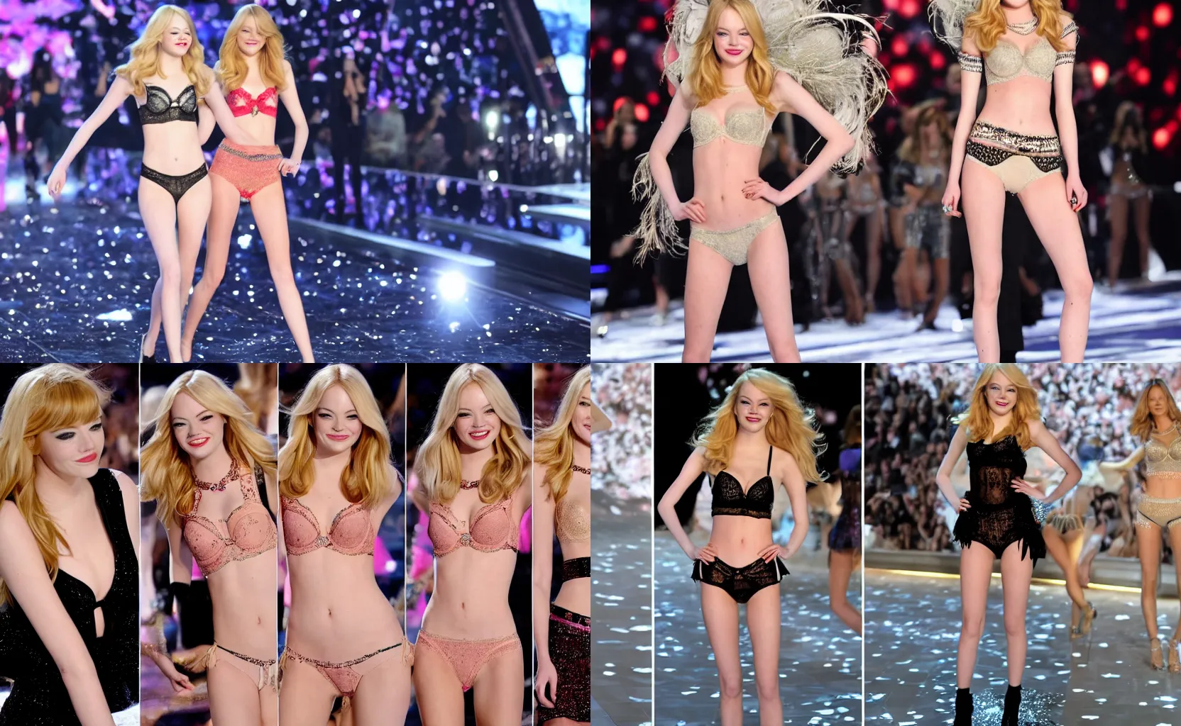 Prompt: blonde Emma Stone on Victoria's Secret Fashion Show