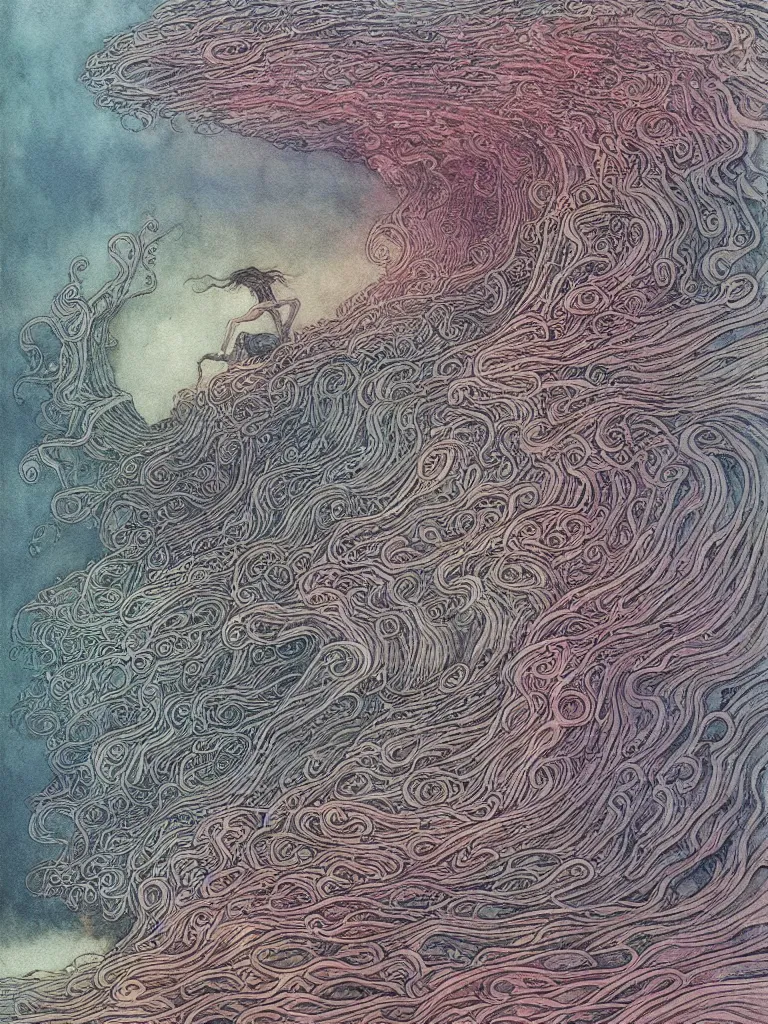 Prompt: a beautiful, colorful wave by Mattias Adolfsson, by Zdzisław Beksiński, greeble, modern European ink painting, watercolor, dystopian, surrealism