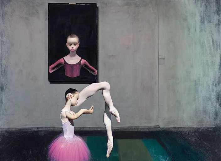 Image similar to portrait of nervous young girl ballerina sitting on the floor focusing in a dance hall by beeple and hernan bas and francis bacon and pat steir and hilma af klint, psychological, photorealistic, symmetrical face, dripping paint, washy brush, matte painting, rendered in octane, altermodern, masterpiece