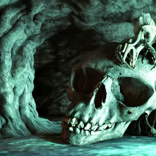 Prompt: Giant Stone skull with petrified tentacles in dark cave, Ayahuasca, surface of mold and decay:: Macro::2 8K:: Contre-Jour::2 Morph:: watermark::-0.3 blurry::-0.3 cropped::-0.3 Unreal Engine::3