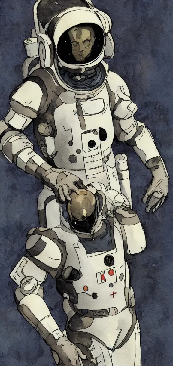 Prompt: male, full body, modern space suit, very stylized character design, large shoulders, short torso, long thin legs, tiny feet, character sheet, science fiction, hyperdetailed, technical suit, space marine, watercolor digital painting, by mike mignola, by alex maleev, jean giraud, painted by leyendecker