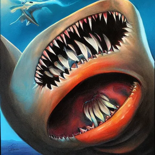 Image similar to julie bell illustration of a shark, Alien mouth