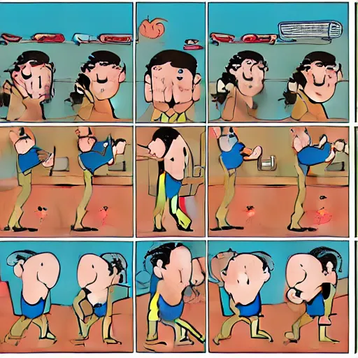 Image similar to exercises de relaxation pour la fin du monde, in the style of joan cornella, comic strip, absurd