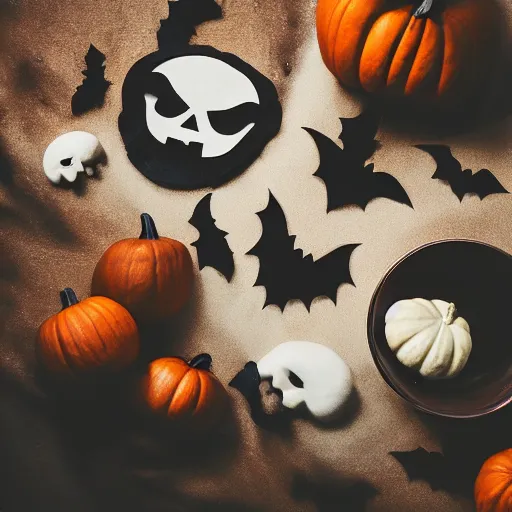 Prompt: creepy halloween aesthetic!!, trending on unsplash, [ 4 k photorealism ]!!, professional photography, [ overhead view of a table ]!!, shot by jimmy nelson