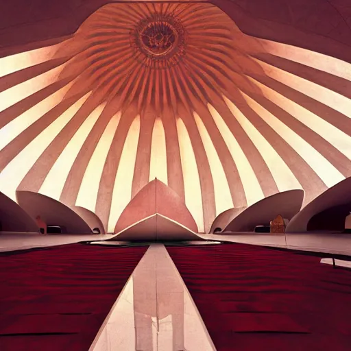 Prompt: interior of an art deco lotus temple with gold, red and white marble panels, in the desert, by buckminster fuller and syd mead, intricate contemporary architecture, photo journalism, photography, cinematic, national geographic photoshoot