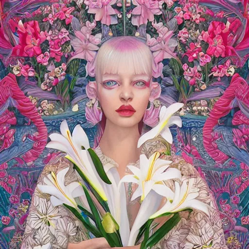 Image similar to pretty model with white lilies : : by martine johanna and simon stalenhag and chie yoshii and casey weldon and wlop : : ornate, dynamic, particulate, rich colors, intricate, elegant, highly detailed, vogue, botanical, harper's bazaar art, fashion magazine, smooth, sharp focus, 8 k, octane render