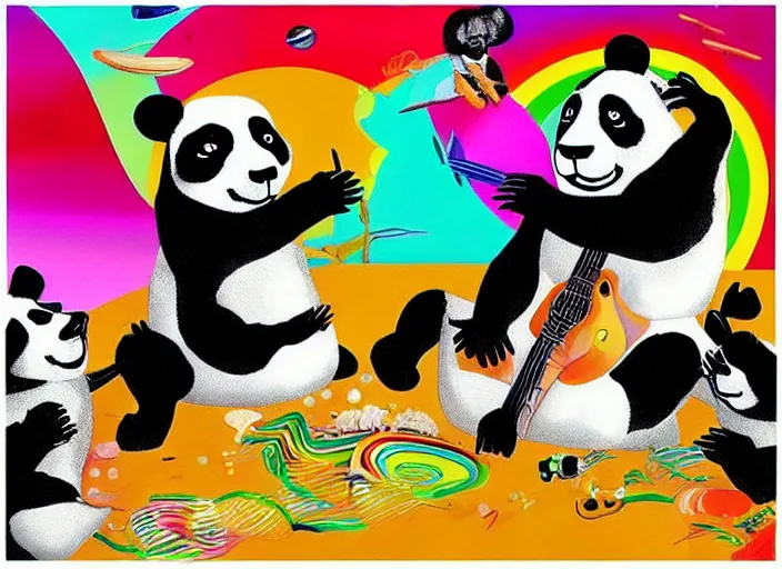 Image similar to “ an entire family of pandas in tuxedos and dresses riding in a speedboat with yung gravy on a rainbow in outer space. created in the style of salvador dali. high detail. ”