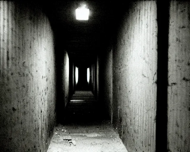 Image similar to dark abandoned hallway at night, bright eyes in shadows, letterboxing, widescreen, 40mm tape, technicolour film, grainy, horror, eyes!!!!!!