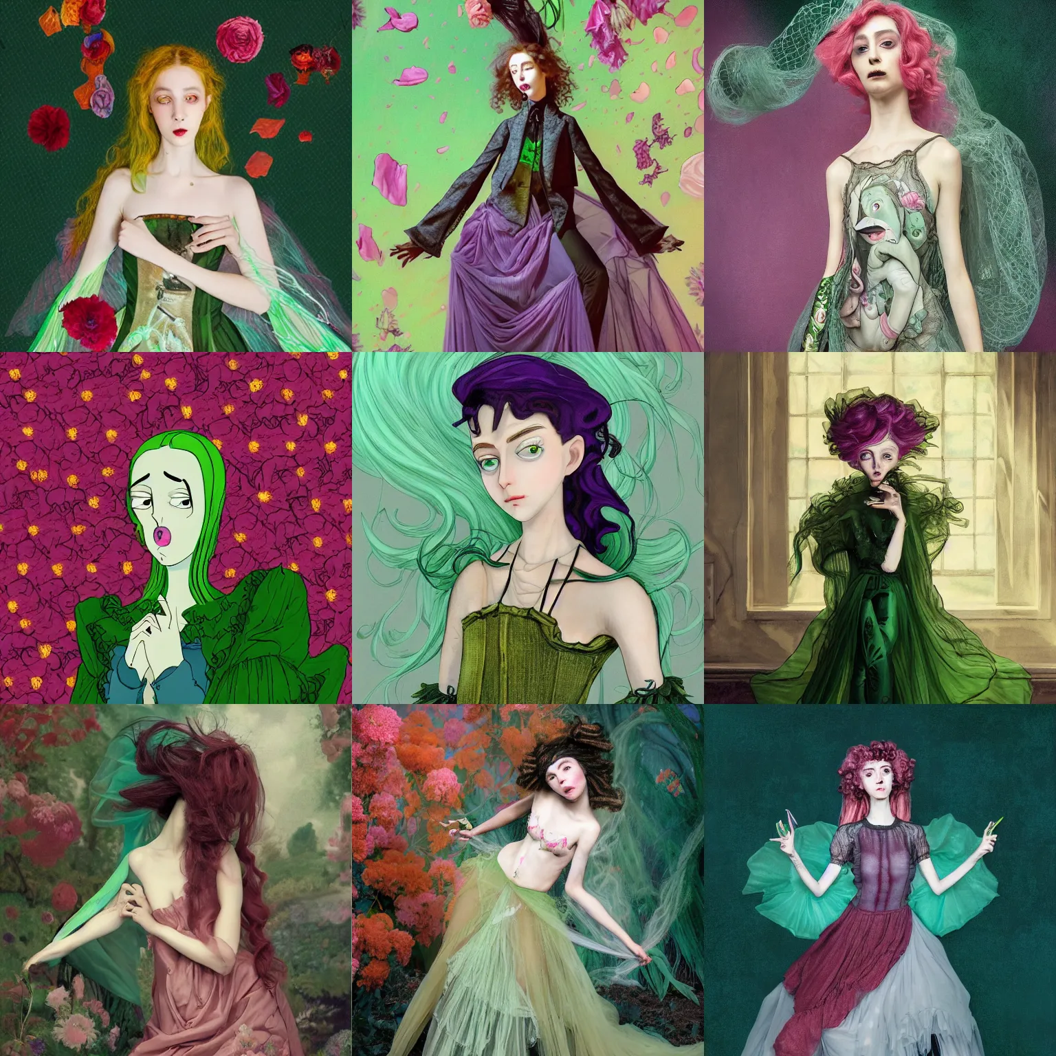 Prompt: pickle Rick, looking like a snack, androgynous, non-binary, inspired by pre-raphaelite, shoujo manga, John singer Sargent, harajuku fashion, gossamer flowing fabric, Victorian lace, tulle, velvet, flower petals falling, cool wind-swept color hair, ethereal, scintillating, iridescent, chromatic aberration, dramatic vista, cinematic, Arnold render, hyper photorealistic 4k, unreal engine 5, make it fashion