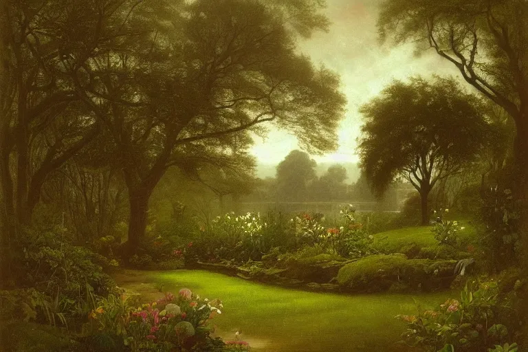 Image similar to secret garden, lush, floral, botanical, romanticism, dark, moody, hudson river school