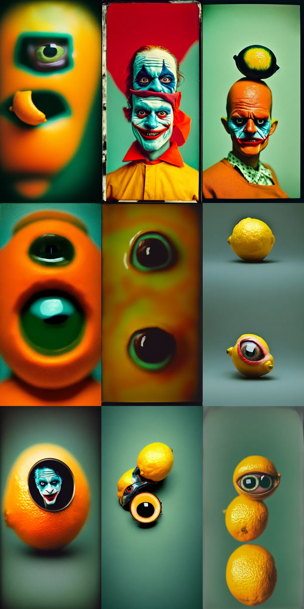 Image similar to kodak portra 4 0 0, wetplate, ant's eye view, 8 k, shot of a highly detailed, britt marling style, colour still - life portrait of a lemon looks like 1 9 9 9 joker, motion blur, teal and orange, muted coloures