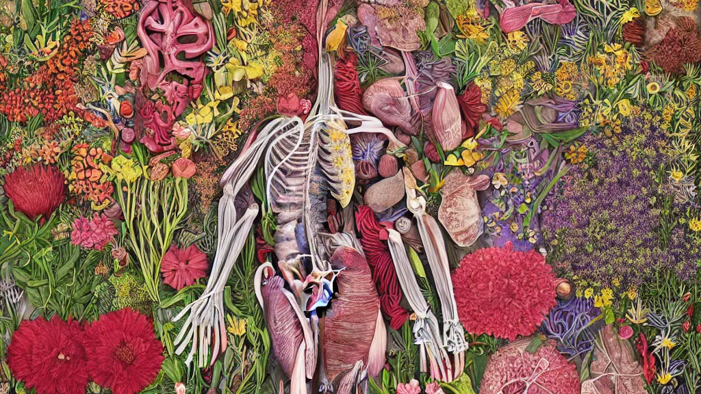 Prompt: highly detailed illustration of a human anatomy body exploded by all the known species of flowers by oliver vernon