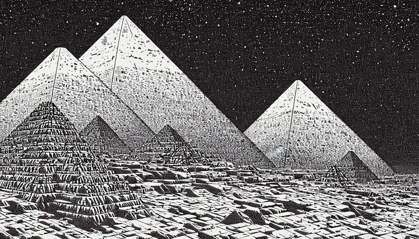 Prompt: pyramids of giza by woodblock print, nicolas delort, moebius, victo ngai, josan gonzalez, kilian eng