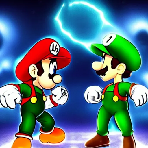 Image similar to luigi and goku battle, epic lighting