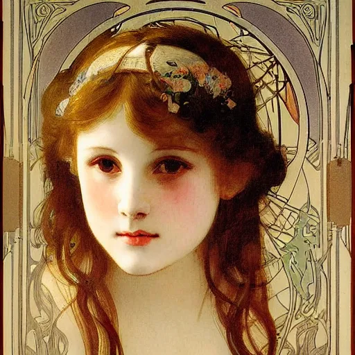 Prompt: portrait of beatiful young girl by mucha, high detailed
