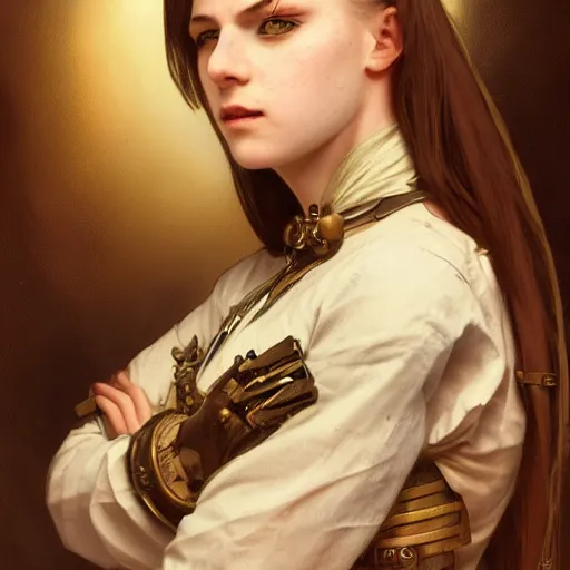 Image similar to portrait of a 2200s young female steampunk fighter, futuristic, headshot, hyper realistic, pale skin, 4k, rule of thirds, extreme detail, detailed drawing, trending artstation, hd, fantasy, D&D, realistic lighting, by Alphonse Mucha, Greg Rutkowski, sharp focus, backlit, elegant