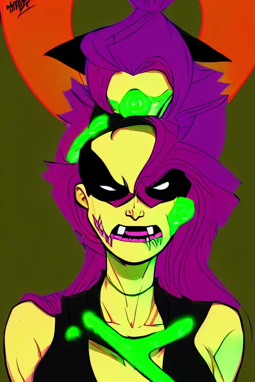 Image similar to toxic terri, a punk supervillainess with mutagenic powers, glowing energy effects, full color digital illustration in the style of don bluth, jamie hewlett, artgerm, artstation trending, 5 k