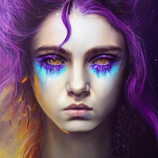 Image similar to detailed photo portrait of a furious teen girl with thin, hair-like purple tentacles on her head and bright purple eyes, 8k,by tristan eaton, Stanley Artgermm,Tom Bagshaw,Greg Rutkowski,Carne Griffiths,trending on DeviantArt, face enhance,hyper detailed ,full of colour, dramatic lightning