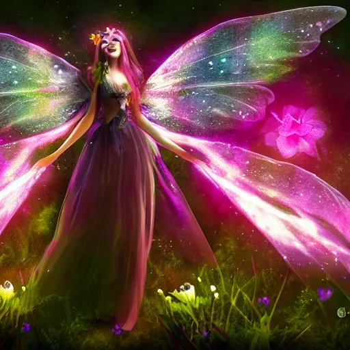 Image similar to macabre fairy princess with galaxy wings residing in a deep dark forest grove, beautiful colorful pretty artistic 4 k artstation trending dynamic dramatic lighting realistic floral garden blooming flowers high contrast light and dark magnificent