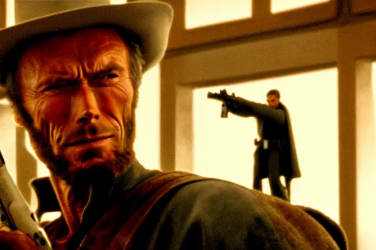 Prompt: film still of clint eastwood man with no name aiming a colt in new star wars, inside a tavern, 4 k