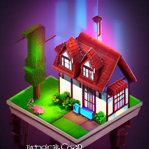 Prompt: Isometric 3D Fantasy Cute House, very realistic, no background, 3D character, very colourful, cinematic lighting, CGI render, trending on Behance