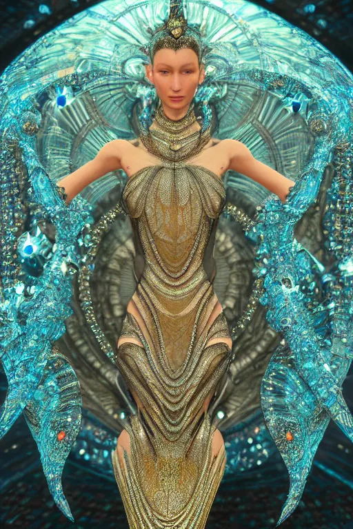 Image similar to a highly detailed metahuman 4 k close up render of an alien goddess bella hadid as nataraja in iris van herpen dress schiaparelli in diamonds swarovski and jewelry in style of alphonse mucha gustav klimt trending on artstation made in unreal engine 4