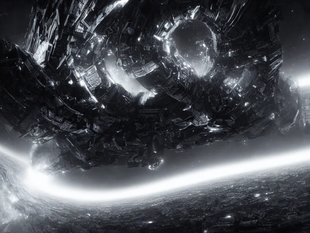 Prompt: Fractal collapse of Wormhole sucking in Spaceships, rip in the spacetime, very dramatic, very cinematic, visual depth, high quality, dark shadows, ArtStation, realistic photograph, dark ambience, shades of black and white, Unreal Engine 5, rendered by Octane.