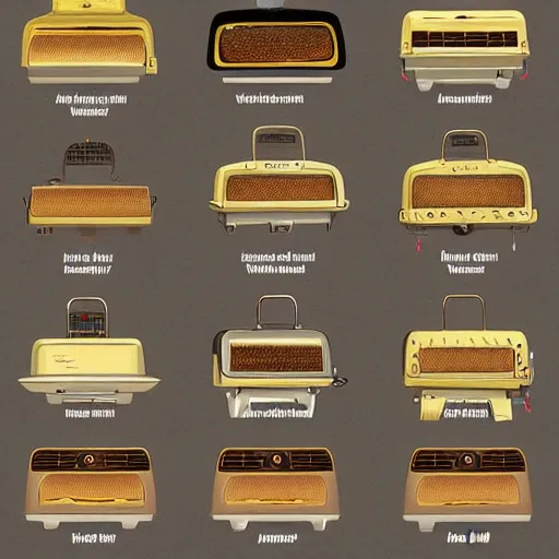 Image similar to an illustrated field guide to different electric toasters showing examples of males and females of each species, biological illustrations, art by john james audubon robert stebbins and terryl whitlatch and david sibley and charles darwin, highly detailed, intricately detailed, 8 k, trending on artstation