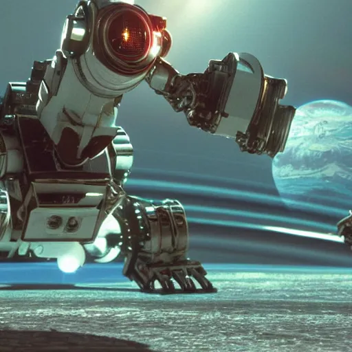 Image similar to 3 d rendered movie still pearlescent robot kitten robots quadruped in epic outer space battles and disco dance contests on saturn. science fiction, blockbuster movie, imax, 7 0 mm, 4 k, dystopian future, computer - animated science fiction film, space odyssey, bladerunner, silent running, wall - e