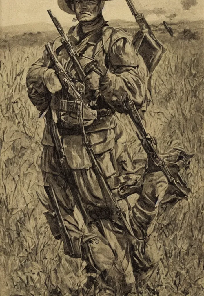 Image similar to a boer soldier in the vled holding a rifle during the anglo-boer war. 50s comic book illustration.