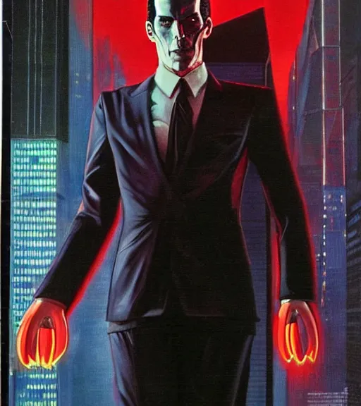 Prompt: a cyberpunk very ugly mafia boss in a suit with slicked back black hair played by christen bale staring at the camera, 1 9 7 9 omni magazine cover, style by vincent di fate, artgerm, very coherent, detailed, 4 k resolution, dark, unreal engine, daz