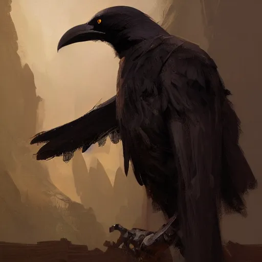 Image similar to digital art painting of an anthropomorphic!!! black crow!!! wearing wizard robes!!!, dnd portrait painted by craig mullins and gaston bussiere and greg rutkowski