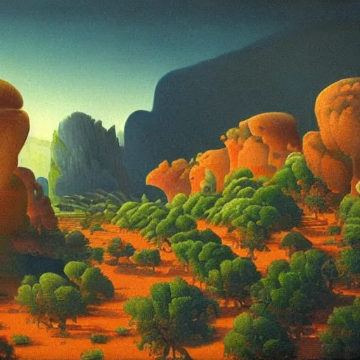 Prompt: painting of a lush natural scene on an alien planet by gerardo dottori. extremely detailed. futurism. beautiful landscape. weird vegetation. cliffs and water.