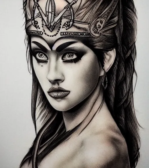 Prompt: tattoo design on white background of a beautiful girl warrior, hyper realistic, realism tattoo, inspired by eliot kohek