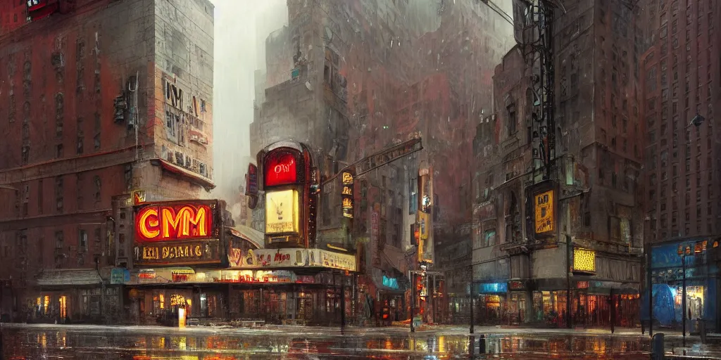 Image similar to an old cinema, new york, rainy day, matte painting, marc simonetti, artstation