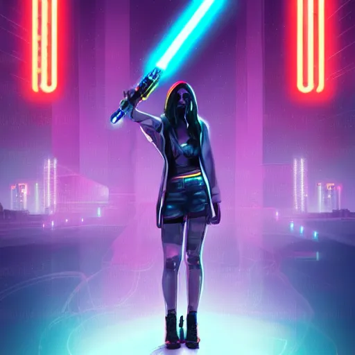 Image similar to a girl holding a lightsaber in a neon cyberpunk city at night, art station, digital art, cinematic, artgerm