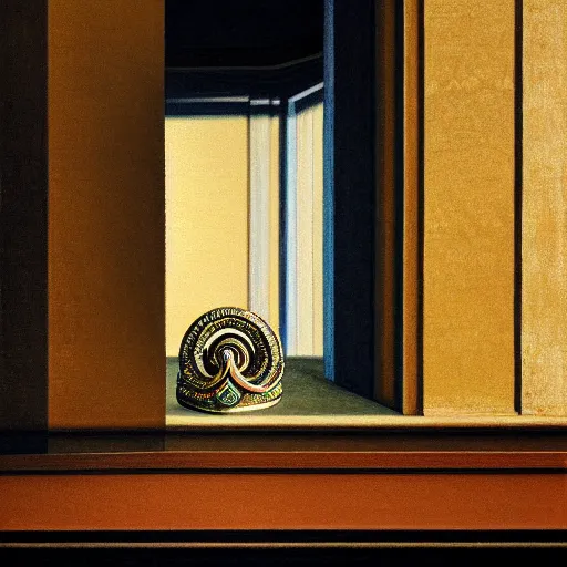 Prompt: still life painting of a room with a balcony and a marbled pedestal displaying an ancient holy artifact, centered in frame and shaped like a torus ring, chromed and ornate with gentle iridescent shine from within. perspective from the side. realistic light and shadows. moody fantasy art, still life renaissance pastel painting. close up