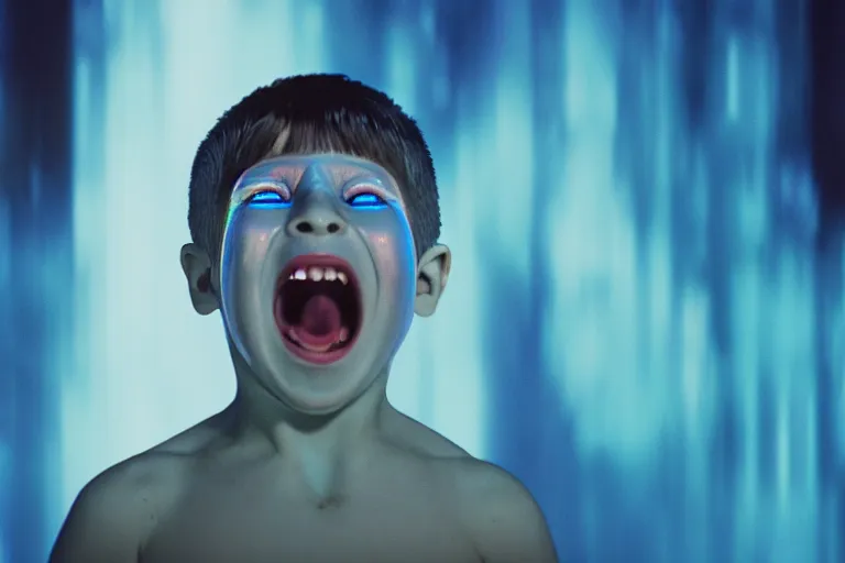 Image similar to a large blue and white hologram of a screaming child's face, photography by fred palacio medium full shot still from bladerunner 2 0 4 9, sci fi, bladerunner, canon eos r 3, f / 3, iso 2 0 0, 1 / 1 6 0 s, 8 k, raw, unedited