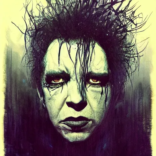 Prompt: portrait of gaunt ( the cure fan ) as dream from sandman, dim stars as eyes, by jeremy mann, by cedric peyravernay, by by russ mills, by richard avedon and ben templesmith, dramatic lightning, sadness, dark eye sockets, in the shadows, punk rock, gothic, high detailed, 8 k