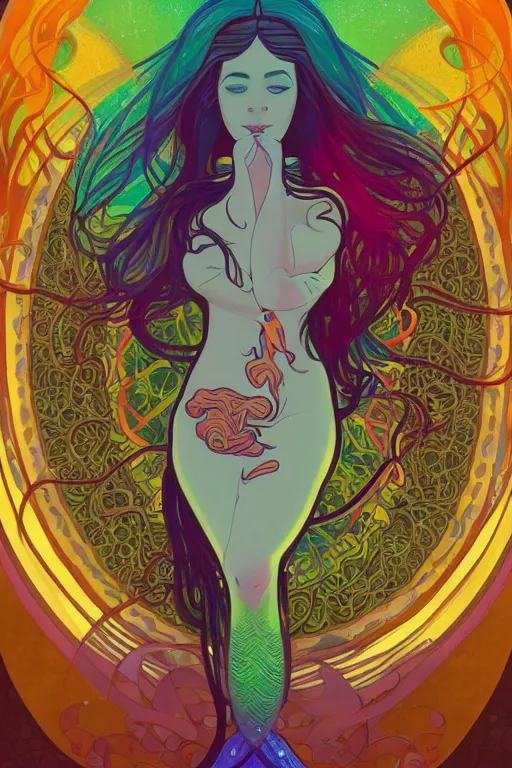 Image similar to a beautiful psychedelic mermaid with a beautiful fin, symmetrical features, cinematic lighting, soft bokeh, fantasy, modern, colourful, highly detailed, digital painting, artstation, deviantart, concept art, sharp focus, illustration, by alphonse mucha and eyvind earle