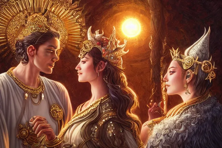 Image similar to close up moment of a divine a sun god and a moon goddess lovers magician at a wedding banquet, highly detailed, d & d, fantasy, highly detailed, digital painting, trending on artstation, concept art, sharp focus, illustration, art by artgerm and greg rutkowski and magali villeneuve