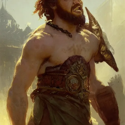 Image similar to young gladiator man with short sandy hair and a trim beard, big forehead, dopey expression, athletic, fantasy character portrait by greg rutkowski, gaston bussiere, craig mullins