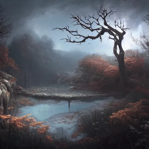 Image similar to michal karcz cartoon painting of a beautiful landscape. , horror theme, detailed, elegant, intricate, 4k,