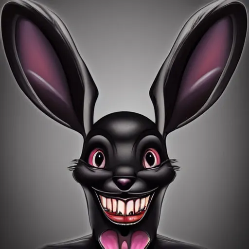 Image similar to A extremely highly detailed majestic hi-res beautiful, highly detailed head and shoulders portrait of a scary terrifying, horrifying, creepy black cartoon rabbit with scary big eyes, earing a shirt laughing, hey buddy, let's be friends, in the style of Walt Disney